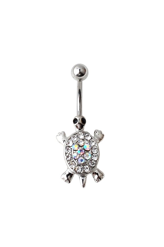 16G Multicolor Rhinestone Cute Turtle Body Piercing Belly Button Bar Ring