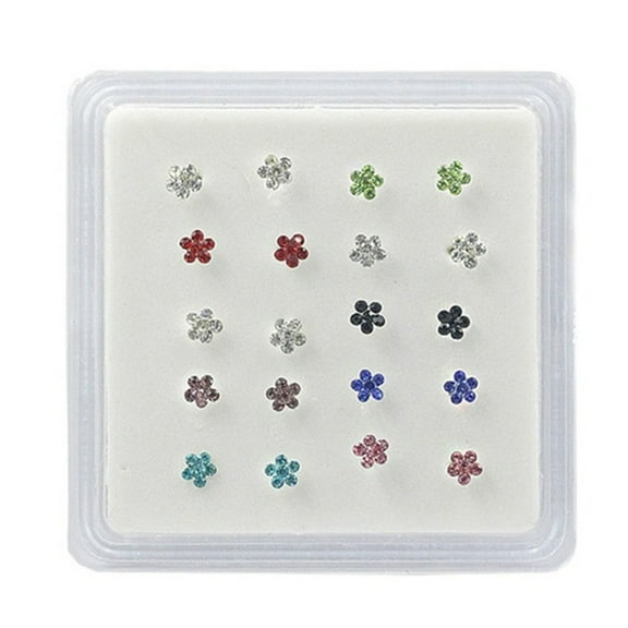 Ayyufe 20Pcs/Box Women Flower Rhinestone Silver Plated Nose Stud Body Piercing
