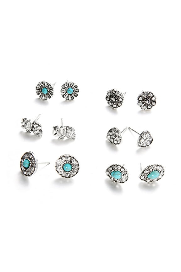 6Pairs/Set Boho Elephant Love Heart Turquoise Stud Earrings Women