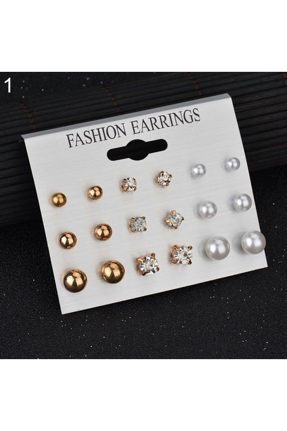 9 Pairs Women Rhinestone Pearl Ear Stud Earrings Set