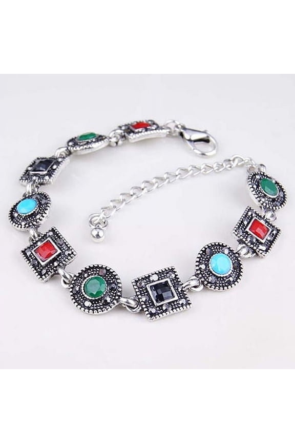 Boho Women Circles Square Colorful Resin Carved Ethnic Bracelet Party