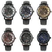 Ayyufe Classic Mens Faux Leather Skeleton Hand-Wind Mechanical Sports Army Wrist Watch