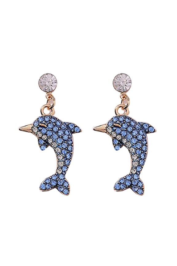 Dolphin Shape Shiny Full Rhinestone Inlaid Women Stud Earrings