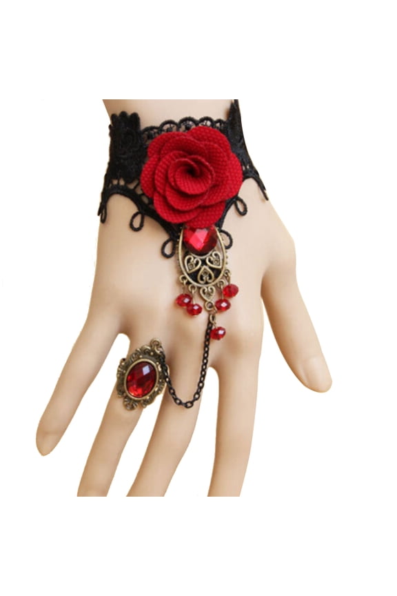 Elegant Women Gothic Lace Rose Flower Bracelet with Adjustable Finger Ring
