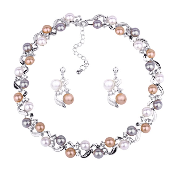 Ayyufe Elegant Women Pearl Rhinestone Necklace Ear Stud Earrings Party Set