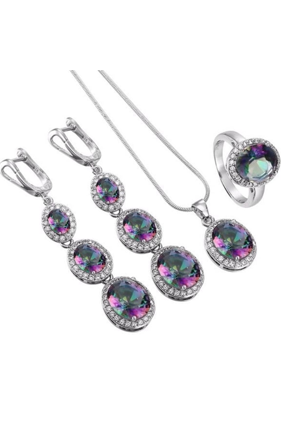 Elegant Women Round Rhinestone Pendant Chain Necklace Earrings Ring Set