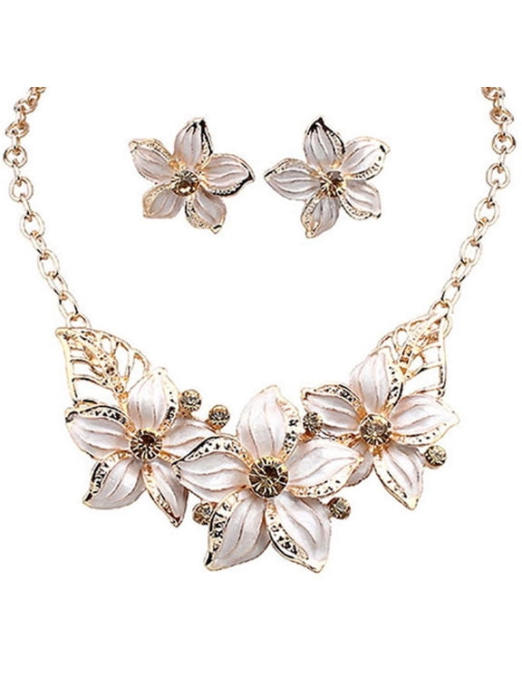 Fashion Women Rhinestone Flower Statement Pendant Necklace Earrings Set
