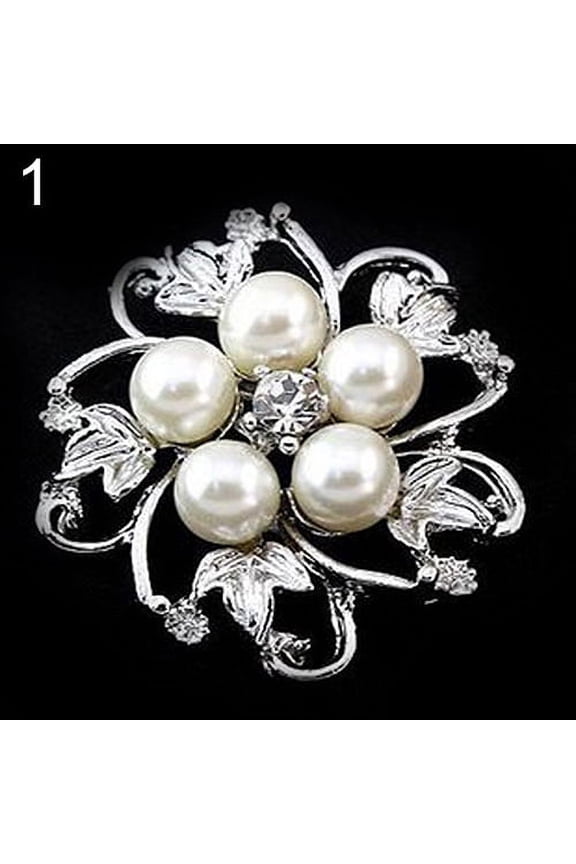 Faux Pearl Flower Brooch Collar Pin Rhinestone Crystal Bridal Present