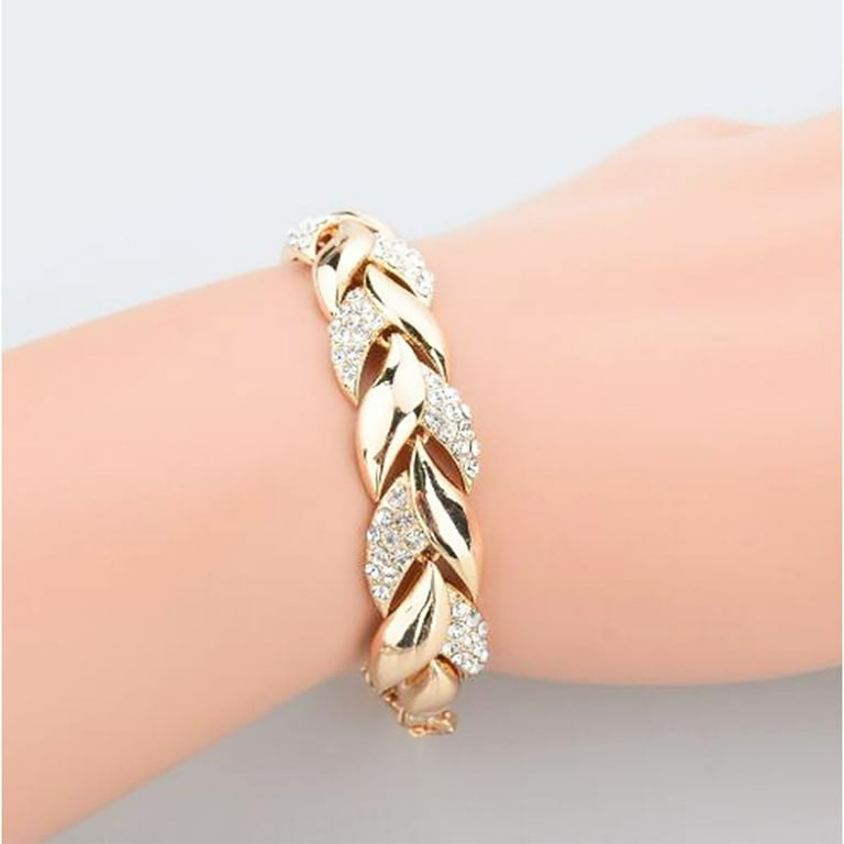 Ayyufe Gold Bangle Bracelets Adjustable Golden Leaves Rhinestone Bracelets Elegant Leaf Bangle for Women