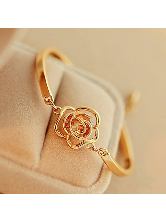 Gold Bangle Bracelets Women Golden Flower Crystal Rose Bangle Cuff Chain Bracelet Chic Present