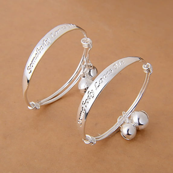 Ayyufe Infant Jewelry Baby Pack Of 2 Bracelet Double Bellss Silver Plated Infant English Letter Bangle Bracelet for Baby