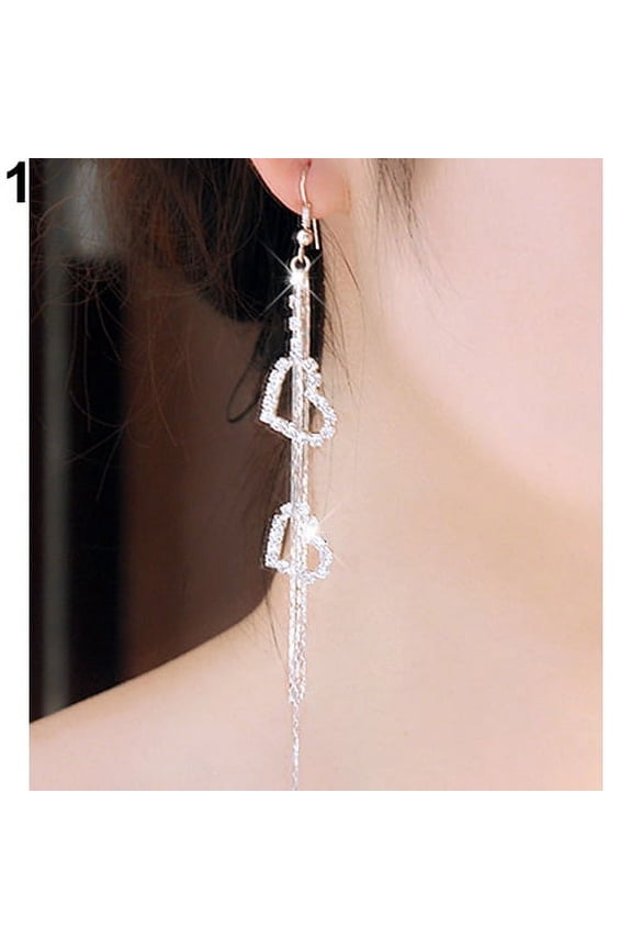 Lady Rhinestone Double Love Heart Drop Long Tassels Chain Dangle Linear Earrings