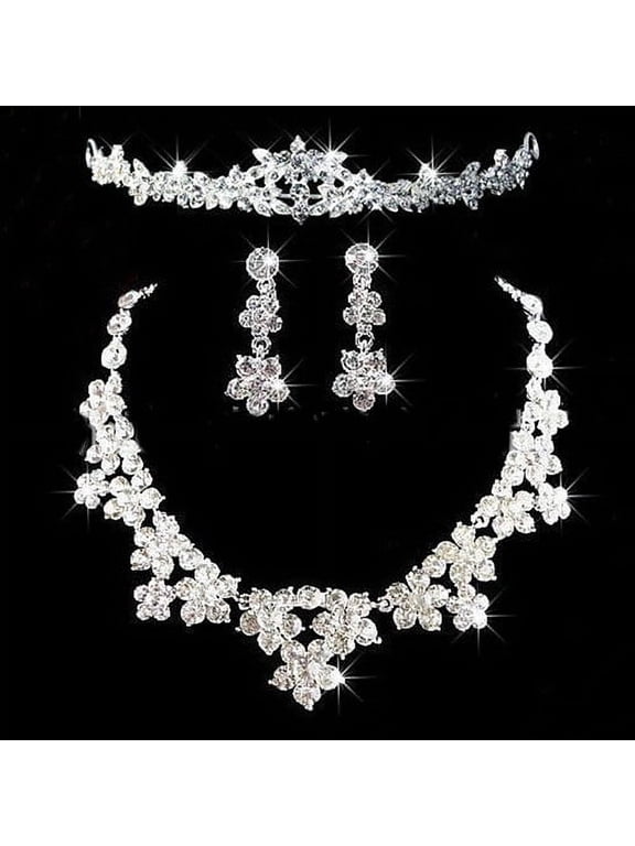 Luxury Bridal Shiny Rhinestone Cute Flower Crown Necklace Earrings Set