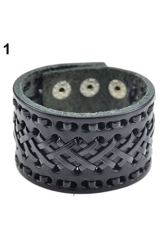 Men's Women's Punk Braid Leather Wide Cuff Bracelet Button Wristband Bangle