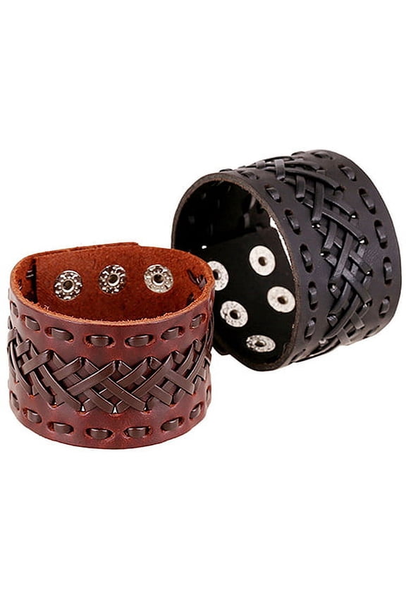 Men's Women's Punk Braid Leather Wide Cuff Bracelet Button Wristband Bangle