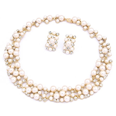 Ayyufe Pack Of 2 Women Fashion Pearl Rhinestone Inlaid Necklace Earrings Set