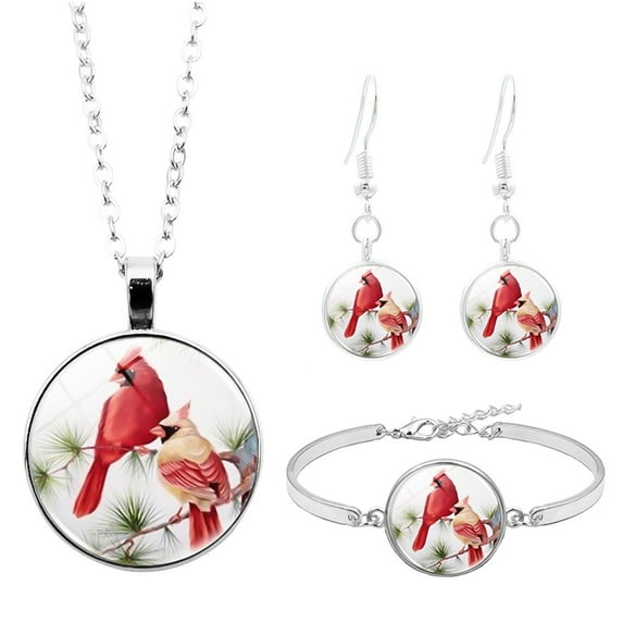 Ayyufe Pack Of 3 Cardinal Bird Glass Cabochon Pendant Women Necklace Bracelet Earrings