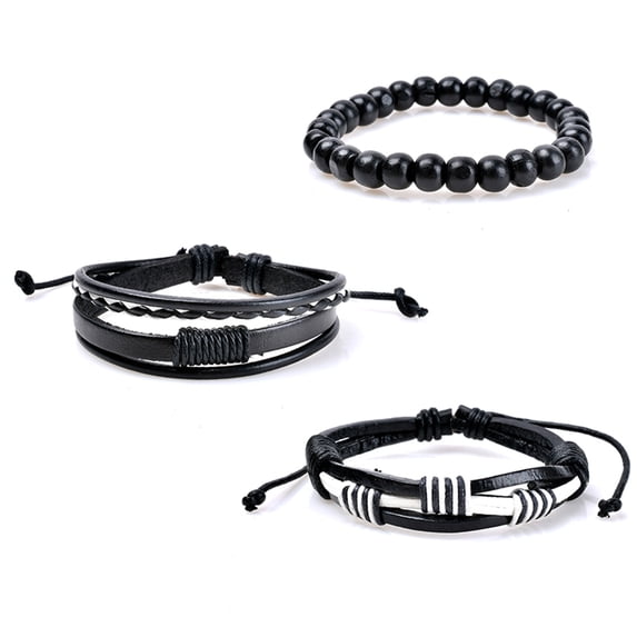 Ayyufe Pack Of 3 Retro Braided Wooden Beads Leather Bracelets Bangles for Men