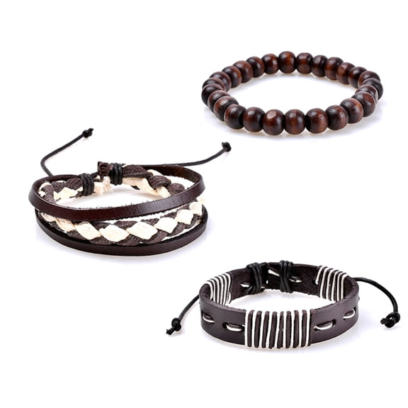 Ayyufe Pack Of 3 Retro Braided Wooden Beads Leather Bracelets Bangles for Men