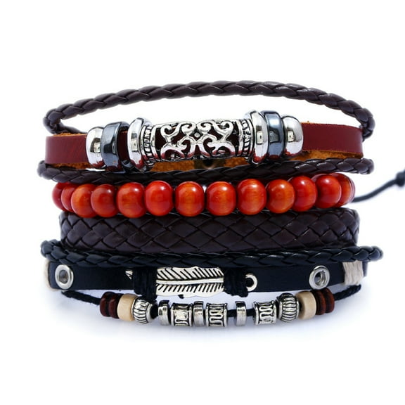 Ayyufe Pack Of 4 Retro Punk Men Beads Leather Braid Multi Layers Adjustable Bracelets