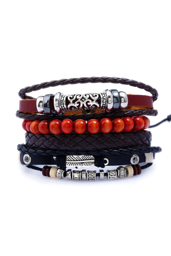 Pack Of 4 Retro Punk Men Beads Leather Braid Multi Layers Adjustable Bracelets