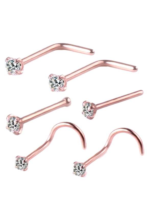 Pack Of 6 Cubic Zirconia L-Bar Curved Rod Nose Stud Body Piercing