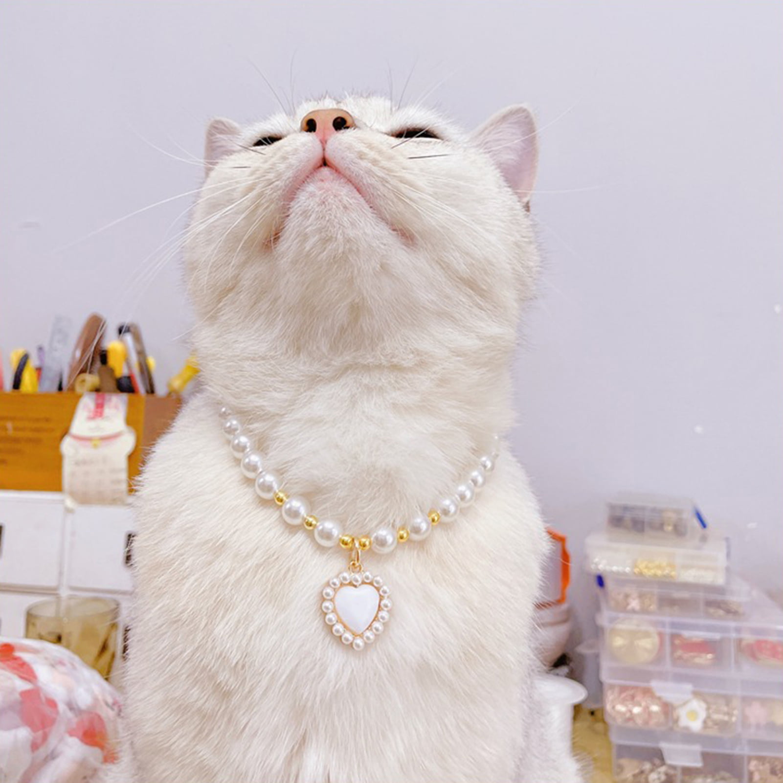 Ayyufe Pet Collar Dress Up Faux Pearl Design Long Lasting Pet Cat Imitation  Pearl Necklace with Pendant Decor