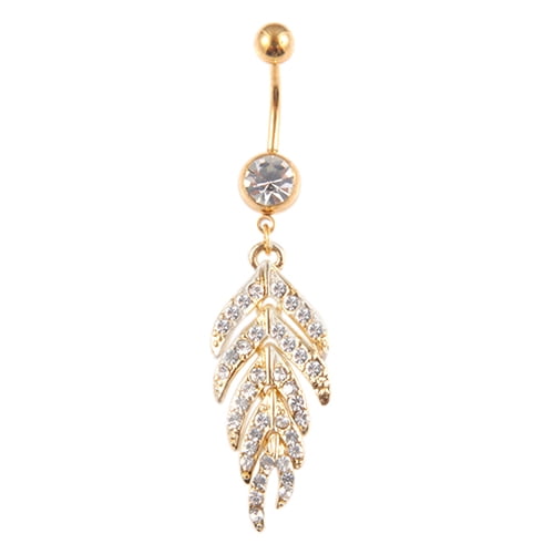 Ayyufe Rhinestone Fir Leaf Belly Button Navel Ring Golden Tone Body Piercing
