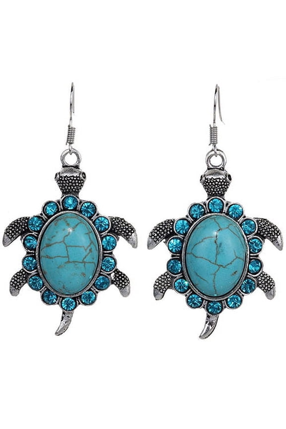 Rhinestone Turtle Dangle Pendant Tibetan Ear Hook Earrings