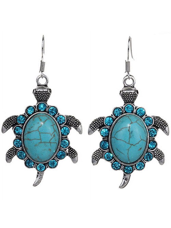 Rhinestone Turtle Dangle Pendant Tibetan Ear Hook Earrings