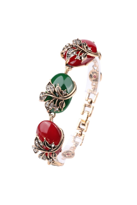 Vintage Rhinestone Branch Red Green Oval Resin Women Bracelet Bangle