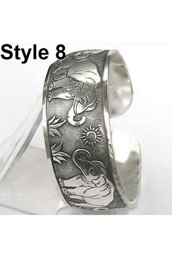 Vintage Tibetan Silver Elephant Carved Open Bangle Cuff Wide Bracelet