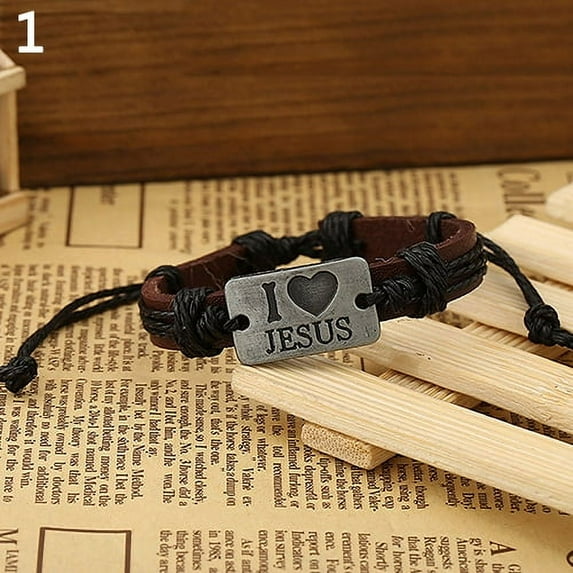 Ayyufe Vintage Unisex Leather Bracelet Alloy I Love Jesus Letters Rope Bangle