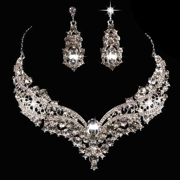 Ayyufe Wedding Bridal Queen Style Fully Shiny Rhinestone Necklace Earrings Set