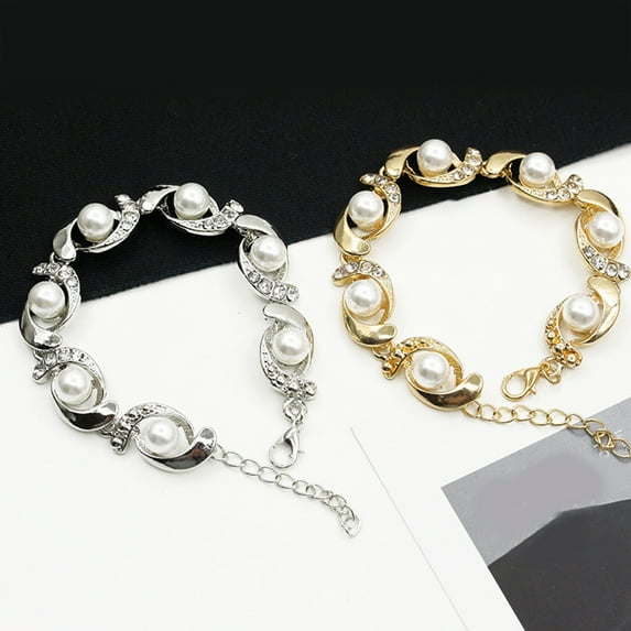 Ayyufe Woman Pearl Bracelets Women Pearl Rhinestone Inlaid Bracelet Bangle Adjustable