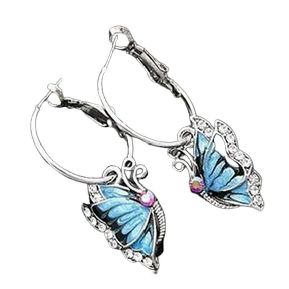 Ayyufe Women 1Pair Blue Crystal Rhinestone Enamel Butterfly Dangle Hoop Earrings Earbob