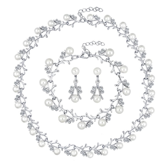 Ayyufe Women Bride Pearl Rhinestone Necklace Stud Earrings Bracelet Set