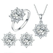 Ayyufe Women Cubic Zirconia Snowflake Pendant Necklace Stud Earrings Ring Set