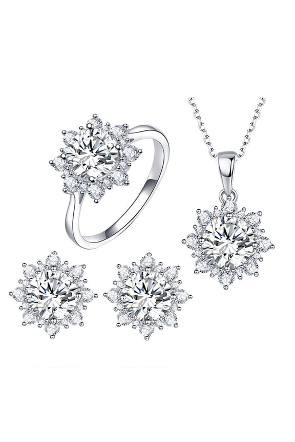 Women Cubic Zirconia Snowflake Pendant Necklace Stud Earrings Ring Set