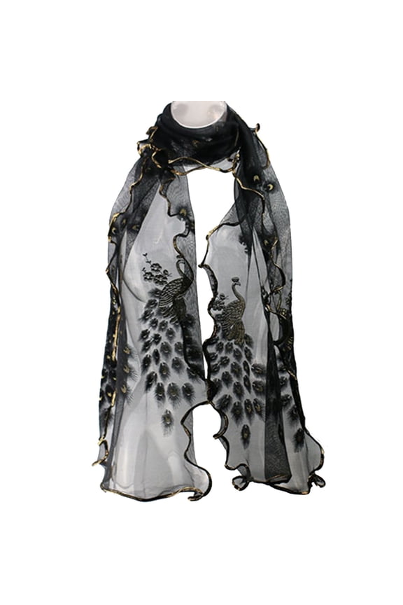 Women Fashion Peacock Flower Embroidered Lace Scarf Long Soft Wrap Shawl Stole