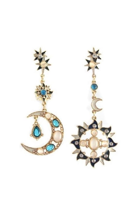 Women Korean Star Sun Moon Rhinestone Stud Dangle Earrings