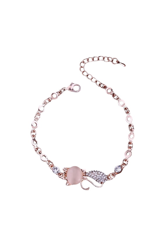 Women Ladies Lovely Cat Pendant Opal Rhinestone Bangle Bracelet Chain for Daily Life