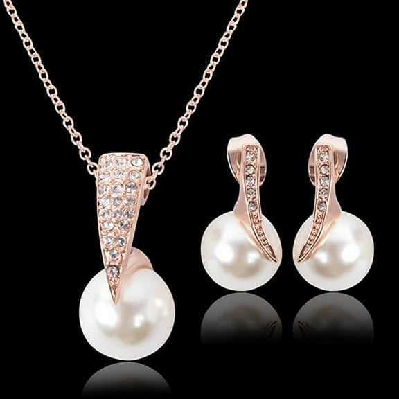 Ayyufe Women Luxury Shiny Rhinestone Pearl Pendant Necklace Stud Earrings Set