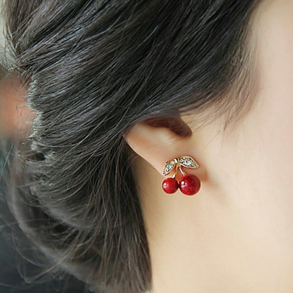 Ayyufe Women Red Cherry Clear Rhinestone Ear Studs Beads Golden Alloy Leaves Earrings