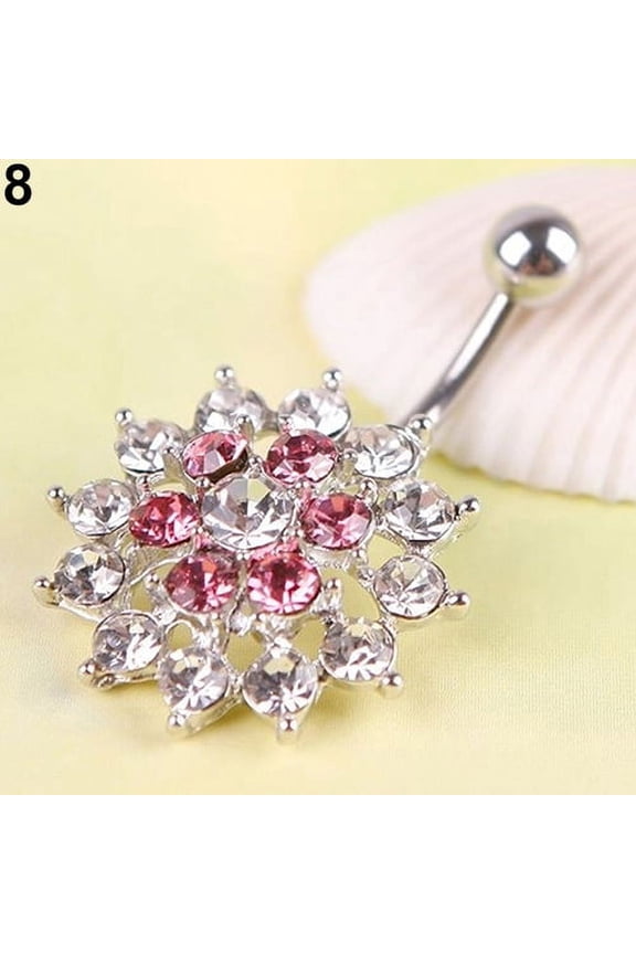 Women Rhinestone Flower Belly Button Navel Ring Bar Body Piercing Charm