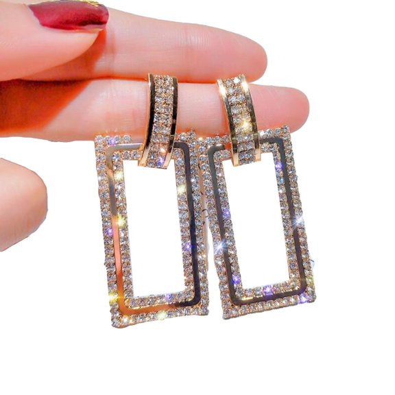 Ayyufe Women Rhinestone Inlaid Hollow Rectangle Dangle Ear Stud Earrings