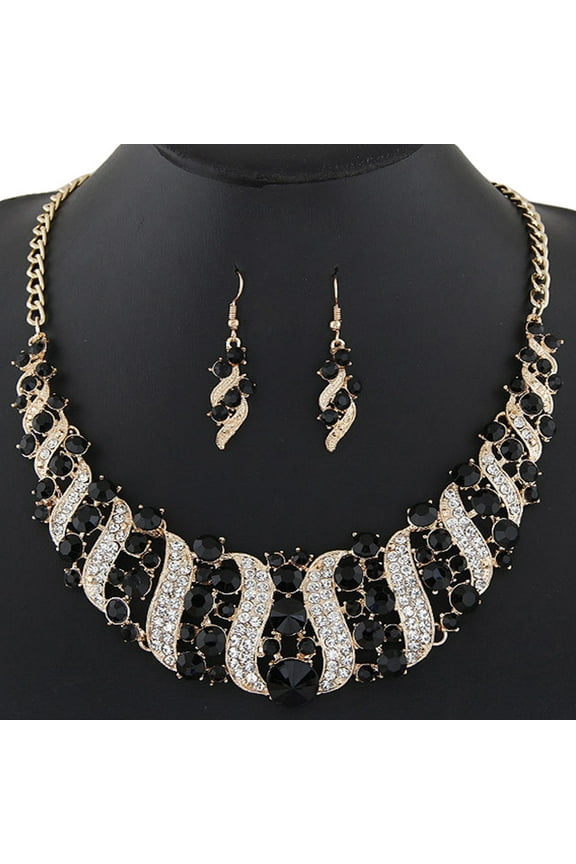Women Rhinestone Spiral Bib Necklace Hook Earrings Statement Party Set