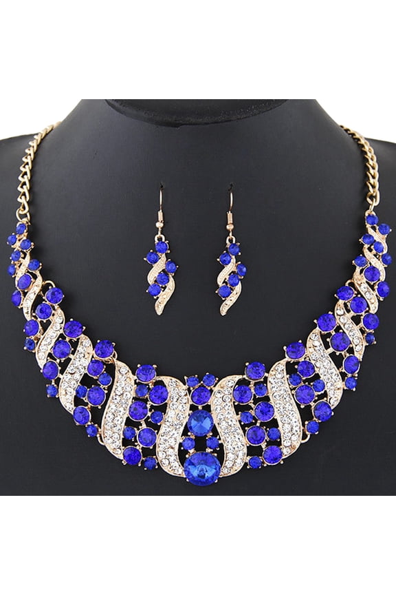 Women Rhinestone Spiral Bib Necklace Hook Earrings Statement Party Set