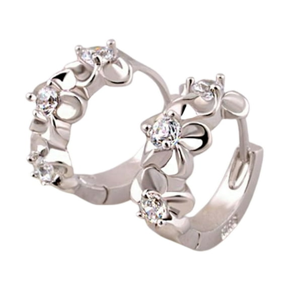 Ayyufe Women Shiny Rhinestone Flower Silver Plated Hoop Earrings Ear Clips for Party