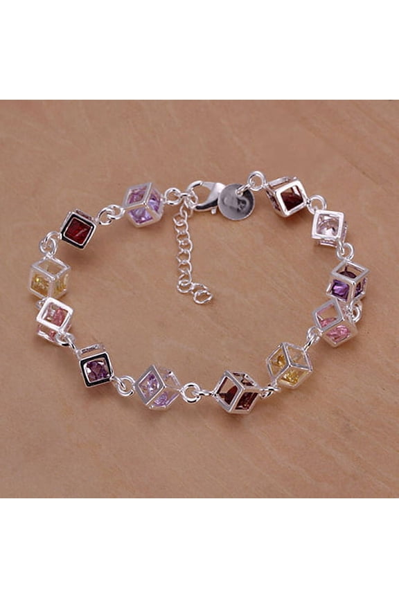 Women Silver Plated Cube Colorful CZ Bracelet Bangles
